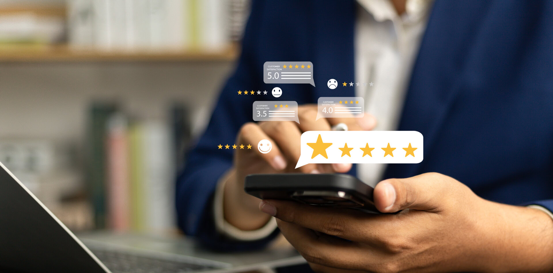 Business professional reviewing PPC campaign ratings on smartphone.